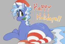 Size: 1280x853 | Tagged: safe, artist:theobrobine, derpibooru import, pokey pierce, pony, unicorn, butt, christmas, clothes, dock, gray background, happy holidays, hat, holiday, holly, image, looking back, lying down, male, mouth hold, plot, png, santa hat, simple background, socks, solo, stallion, striped socks, tail