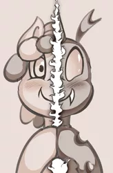 Size: 1256x1920 | Tagged: safe, artist:theobrobine, derpibooru import, thorax, changeling, pony, disguise, disguised changeling, duality, hooves together, image, monochrome, png, smiling, solo, split screen