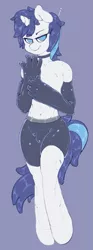 Size: 475x1280 | Tagged: suggestive, artist:theobrobine, derpibooru import, shining armor, android, anthro, robot, unguligrade anthro, unicorn, belly button, choker, clothes, crotch bulge, femboy, gloves, image, long gloves, male, no pupils, png, roboticization, sexy, shining femboy armor, shorts, simple background, solo, solo male, tight clothing