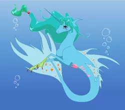 Size: 637x561 | Tagged: safe, artist:bambisparanoia, derpibooru import, oc, unofficial characters only, merpony, pony, seapony (g4), unicorn, blue background, blue eyes, bubble, crepuscular rays, dorsal fin, fins, fish tail, flowing mane, flowing tail, green mane, horn, image, long horn, ocean, png, seaponified, simple background, solo, species swap, sunlight, tail, underwater, water