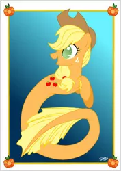 Size: 308x434 | Tagged: safe, artist:queenzora, derpibooru import, applejack, earth pony, hippocampus, merpony, pony, seapony (g4), applejack's hat, blue background, cowboy hat, crepuscular rays, female, fish tail, flowing tail, green eyes, hat, image, jpeg, ocean, postcard, seaponified, seapony applejack, signature, simple background, smiling, solo, species swap, sunlight, tail, underwater, water, yellow mane