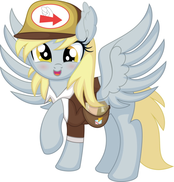 Size: 6555x6865 | Tagged: safe, artist:cyanlightning, derpibooru import, derpy hooves, pegasus, pony, .svg available, absurd resolution, blushing, female, hat, image, looking at you, mail, mailmare, mare, open mouth, png, simple background, smiling, solo, spread wings, transparent background, vector, wings