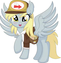 Size: 6555x6865 | Tagged: safe, artist:cyanlightning, derpibooru import, derpy hooves, pegasus, pony, .svg available, absurd resolution, blushing, female, hat, image, looking at you, mail, mailmare, mare, open mouth, png, simple background, smiling, solo, spread wings, transparent background, vector, wings