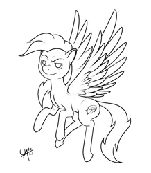 Size: 1671x1920 | Tagged: safe, artist:underwoodart, derpibooru import, oc, oc:shooting star, pegasus, cutie mark, derpibooru exclusive, digital art, flight of the valkyrie, flying, image, lineart, monochrome, png, shooting star, simple background, smug, solo, tail, white background, wings, wings extended, wip