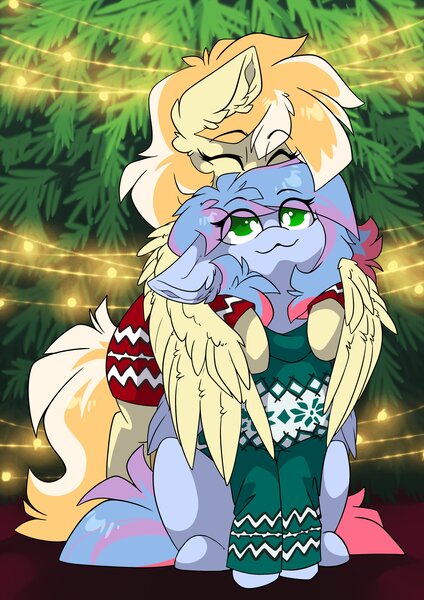 Size: 2481x3507 | Tagged: safe, artist:arctic-fox, derpibooru import, oc, oc:orange cream, unofficial characters only, pegasus, pony, christmas, christmas lights, christmas tree, holiday, hug, image, jpeg, tree, ugly sweater, winghug, wings