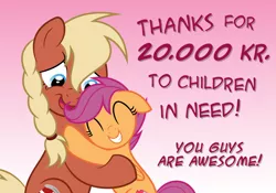 Size: 1275x895 | Tagged: safe, artist:askvalkyria, derpibooru import, scootaloo, oc, oc:valkyria, charity, danish bronies, duo, hug, image, jpeg