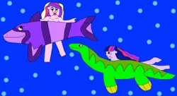 Size: 1024x559 | Tagged: safe, artist:jacobyel, derpibooru import, princess cadance, twilight sparkle, equestria girls, creature, dean cadance, duo, duo female, female, holding breath, image, jpeg, plesiosaurs, puffy cheeks, sisters-in-law, swimming, underwater