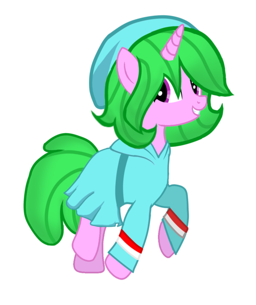 Size: 2140x2549 | Tagged: safe, artist:rainyponyindo, derpibooru import, oc, oc:rainy rainbow, unofficial characters only, pony, unicorn, derpibooru community collaboration, 2022 community collab, clothes, female, full body, green mane, hat, hoodie, ibispaint x, image, indonesia, indonesian, looking back, mare, png, raised hoof, simple background, skirt, smiling, solo, tail, transparent background