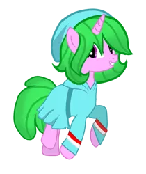 Size: 2140x2549 | Tagged: safe, artist:rainyponyindo, derpibooru import, oc, oc:rainy rainbow, unofficial characters only, pony, unicorn, derpibooru community collaboration, 2022 community collab, clothes, female, full body, green mane, hat, hoodie, ibispaint x, image, indonesia, indonesian, looking back, mare, png, raised hoof, simple background, skirt, smiling, solo, tail, transparent background