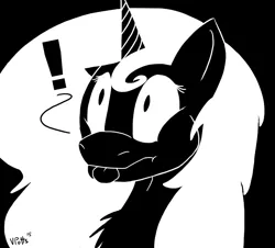 Size: 1567x1417 | Tagged: safe, artist:torusthescribe, derpibooru import, oc, oc:silhouette, unofficial characters only, pony, unicorn, :p, bust, exclamation point, horn, image, jpeg, monochrome, signature, solo, tongue out, unicorn oc