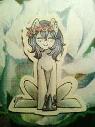 Size: 453x604 | Tagged: safe, artist:avonir, derpibooru import, oc, unofficial characters only, earth pony, pony, chest fluff, earth pony oc, eyes closed, female, floral head wreath, flower, hoof shoes, image, mare, png, signature, smiling, solo, traditional art