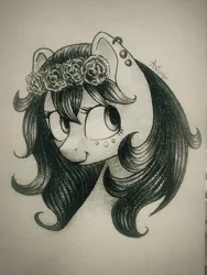 Size: 480x640 | Tagged: safe, artist:avonir, derpibooru import, oc, unofficial characters only, earth pony, pony, ear piercing, earring, earth pony oc, female, floral head wreath, flower, freckles, image, jewelry, mare, piercing, png, signature, smiling, solo, traditional art