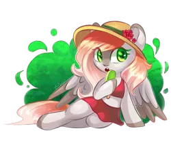 Size: 1091x907 | Tagged: safe, artist:avonir, derpibooru import, oc, unofficial characters only, pegasus, pony, semi-anthro, clothes, colored wings, commission, eyelashes, female, food, hat, image, mare, pegasus oc, png, popsicle, signature, simple background, skirt, smiling, solo, sun hat, transparent background, two toned wings, wings, ych result