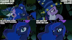 Size: 1280x720 | Tagged: safe, derpibooru import, edit, edited screencap, editor:quoterific, screencap, princess luna, twilight sparkle, alicorn, pony, unicorn, luna eclipsed, season 2, crown, female, image, jewelry, mare, night, one eye closed, open mouth, png, regalia, smiling, star swirl the bearded costume, unicorn twilight