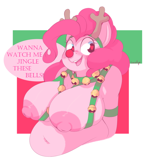 Size: 2608x2668 | Tagged: questionable, artist:breezietype, derpibooru import, pinkie pie, anthro, antlers, breasts, busty pinkie pie, christmas, chubby, harness, holiday, image, png, reindeer antlers, tack