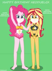 Size: 1920x2641 | Tagged: safe, artist:robukun, derpibooru import, pinkie pie, sunset shimmer, equestria girls, clothes, gag, image, jpeg, swimsuit