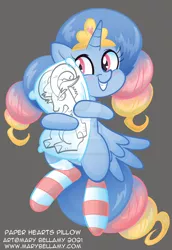 Size: 800x1162 | Tagged: safe, artist:marybellamy, derpibooru import, oc, unofficial characters only, alicorn, blushing, clothes, colored, cuddling, happy, hug, image, jpeg, pillow, smiling, socks, solo, spread wings, striped socks, wings, zorilita