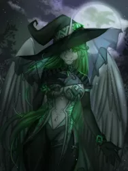 Size: 2250x3000 | Tagged: suggestive, artist:ei-tule-kesaa, derpibooru import, oc, oc:eos, unofficial characters only, alicorn, anthro, breasts, cleavage, clothes, commission, costume, detailed background, female, green eyes, green hair, hat, image, jewelry, moon, night, png, socks, solo, stockings, thigh highs, wings, witch costume, witch hat