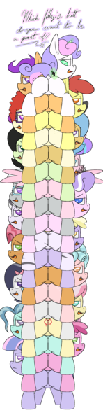 Size: 1050x4267 | Tagged: suggestive, alternate version, artist:happy harvey, derpibooru import, apple bloom, babs seed, cozy glow, diamond tiara, dinky hooves, kettle corn, petunia paleo, princess flurry heart, ruby pinch, rumble, scootaloo, silver spoon, sweetie belle, twist, wind sprint, oc, oc:anon, oc:anonfilly, oc:little league, oc:zala, earth pony, pegasus, pony, unicorn, zebra, bloom butt, blushing, booty mark crusaders, butt, colored pupils, colt, cutie mark crusaders, dialogue, dock, drawn on phone, featureless crotch, female, filly, foalcon, girly, image, imminent vore, jewelry, levitation, looking at you, looking back, looking back at you, macro, magic, male, micro, open mouth, plot, png, pony pile, pony stacking, raised tail, scootabutt, shipping, smiling, spread wings, stack, sweetie butt, tail, telekinesis, this will end in vore, tiara, tower of pony, underage, wings, zebra oc