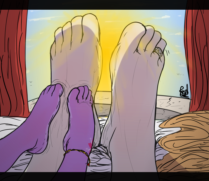 Size: 2597x2255 | Tagged: suggestive, artist:fetishsketches, derpibooru import, princess celestia, twilight sparkle, anthro, plantigrade anthro, anklet, bed, cutie mark tattoo, feet, female, fetish, foot fetish, foot focus, footsie, giantess, giant feet, image, jewelry, macro, png, size difference, sunrise, tattoo, toe ring