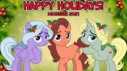 Size: 2064x1163 | Tagged: safe, artist:not-yet-a-brony, artist:sonofaskywalker, derpibooru import, dear darling, fond feather, swoon song, earth pony, pegasus, pony, unicorn, 2021, christmas, christmas eve, december, female, flower, flower in hair, hearth's warming, hearth's warming eve, holiday, image, lidded eyes, lyrics in the description, mare, mister sandman, mister santa, mistletoe, new year, new years eve, png, singing, song reference, the chordettes, trio, youtube link in the description