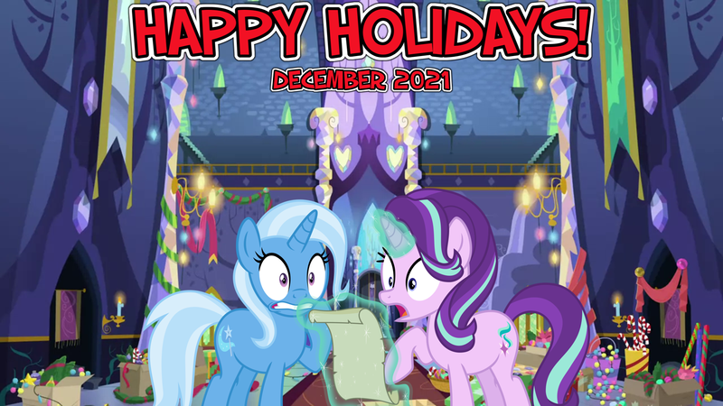Size: 2063x1160 | Tagged: safe, artist:not-yet-a-brony, artist:osipush, derpibooru import, starlight glimmer, trixie, pony, unicorn, 2021, christmas, christmas eve, december, decoration, duo, female, glow, glowing horn, hallway, hearth's warming, hearth's warming eve, holiday, horn, image, letter, list, magic, mare, messy, new year, new years eve, oh crap, oh crap face, one more day, planning, png, shocked, shocked expression, song reference, surprised, to-do list, twilight's castle, wide eyes, youtube link in the description