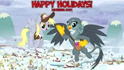 Size: 2064x1163 | Tagged: safe, artist:cheezedoodle96, artist:not-yet-a-brony, derpibooru import, derpy hooves, gabby, gryphon, pegasus, 2021, christmas, christmas eve, cutie mark, december, delivery, delivery pony, duo, flying, friendship, hearth's warming, hearth's warming eve, holiday, image, mail, mailbag, mail carrier, mailmare, mailmare uniform, new year, new years eve, png, ponyville, smiling, snow, snowfall, winter, youtube link in the description