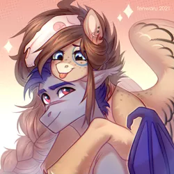 Size: 2000x2000 | Tagged: safe, artist:fenwaru, derpibooru import, oc, oc:ondrea, oc:thunder run, bat pony, pegasus, :p, cute, hug, image, looking at each other, looking at someone, png, riding, smiling, snuggling, tongue out, wholesome, wings
