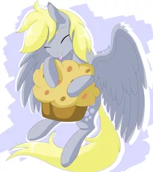 Size: 1600x1800 | Tagged: safe, artist:maravor, derpibooru import, derpy hooves, pegasus, pony, :p, eyes closed, female, food, giant muffin, hug, image, mare, muffin, png, solo, tongue out