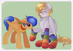 Size: 4154x2936 | Tagged: safe, artist:vetta, derpibooru import, oc, oc:eclair winglain, oc:ludwig von leeb, unofficial characters only, pegasus, pony, clothes, dressing, image, png, rainbow socks, socks, striped socks