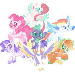 Size: 1280x1232 | Tagged: safe, artist:lilywolfpie-yt, derpibooru import, applejack, fluttershy, pinkie pie, rainbow dash, rarity, spike, twilight sparkle, pony, alternate design, colored wings, image, mane seven, mane six, multicolored wings, png, simple background, transparent background, twitterina design, wings