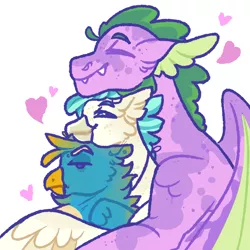 Size: 3000x3000 | Tagged: safe, artist:cactiflowers, derpibooru import, gallus, sandbar, spike, terramar, classical hippogriff, dragon, gryphon, hippogriff, gallbar, gallspike, gay, heart, image, male, png, polyamory, sandspike, shipping, simple background, size difference, white background, winged spike, wings
