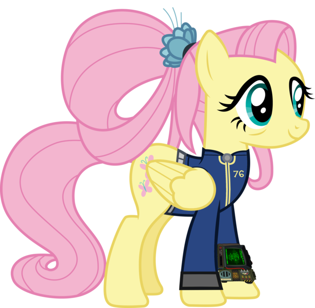 Size: 3062x3000 | Tagged: safe, artist:ponygamer2020, derpibooru import, fluttershy, pegasus, pony, fallout equestria, the last problem, clothes, fallout, fallout 76, female, flower, flower in hair, image, jumpsuit, mare, older, older fluttershy, pip-boy 2000 mark vi, pipboy, png, simple background, smiling, smiling at you, solo, transparent background, vault suit, vector
