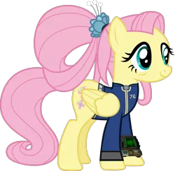 Size: 3062x3000 | Tagged: safe, artist:ponygamer2020, derpibooru import, fluttershy, pegasus, pony, fallout equestria, the last problem, clothes, fallout, fallout 76, female, flower, flower in hair, image, jumpsuit, mare, older, older fluttershy, pip-boy 2000 mark vi, pipboy, png, simple background, smiling, smiling at you, solo, transparent background, vault suit, vector