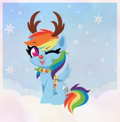 Size: 3523x3571 | Tagged: safe, artist:confetticakez, derpibooru import, rainbow dash, pegasus, pony, animal costume, antlers, christmas, clothes, colored pupils, costume, cute, dashabetes, heart eyes, high res, holiday, image, one eye closed, open mouth, png, reindeer antlers, reindeer costume, reindeer dash, sitting, sleigh bells, snow, snowfall, snowflake, solo, wingding eyes, wink, winter