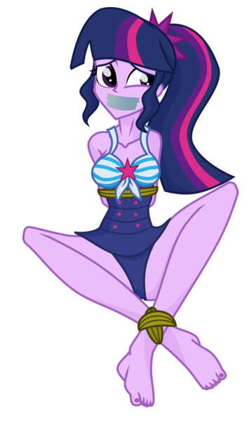 Size: 1219x2060 | Tagged: suggestive, artist:splendidbondage, derpibooru import, sci-twi, twilight sparkle, equestria girls, ankle tied, arm behind back, barefoot, bondage, bound and gagged, clothes, feet, female, gag, image, png, rope, rope bondage, simple background, solo, swimsuit, tape, tape gag, transparent background