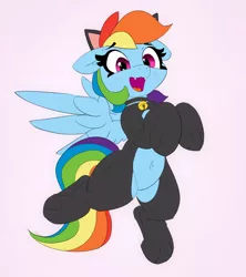 Size: 2724x3074 | Tagged: safe, artist:pabbley, color edit, derpibooru import, edit, rainbow dash, pegasus, pony, animal costume, bell, bell collar, belly button, cat costume, cat ears, clothes, collar, colored, costume, cute, cute little fangs, dashabetes, fangs, female, grayscale, high res, image, mare, monochrome, open mouth, open smile, png, seams, sexy, simple background, smiling, solo, stupid sexy rainbow dash