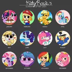 Size: 1080x1080 | Tagged: safe, artist:kittyrosie, derpibooru import, applejack, derpy hooves, fluttershy, pinkie pie, rainbow dash, rarity, twilight sparkle, twilight sparkle (alicorn), oc, oc:rosa flame, alicorn, earth pony, human, pegasus, pony, unicorn, >.<, abstract background, apple, apple tree, backwards cutie mark, beach, blushing, cake, chibi, clothes, cloud, confetti, cookie, cookie jar, cosplay, costume, dashabetes, derpabetes, diapinkes, digital art, duo, eyes closed, female, floating heart, flying, food, frown, hair over one eye, happy birthday, hat, heart, heart shaped, horn, image, isabelle, jackabetes, jpeg, kittyrosie is trying to murder us, looking at you, magic, mane six, mare, mouth hold, muffin, multicolored hair, multicolored tail, one eye closed, open mouth, open smile, owo, party hat, piña colada (drink), plate, raised hoof, raribetes, rearing, redraw, sand, self paradox, self ponidox, shyabetes, simple background, smiling, sticker, sugarcube corner, summary, sunglasses, super mario bros., swimsuit, tail, text, tree, twiabetes, unicorn oc, uwu, wall of tags, water, weapons-grade cute, wings, wink, xd, xoxo