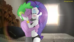 Size: 2048x1151 | Tagged: suggestive, artist:georgegarza01, derpibooru import, rarity, spike, human, equestria girls, belly button, blushing, bra, bracelet, breasts, busty rarity, clothes, eyes closed, female, hand on cheek, holding each other, human spike, humanized, image, jewelry, jpeg, kissing, male, panties, partial nudity, shipping, sparity, story included, straight, topless, underwear