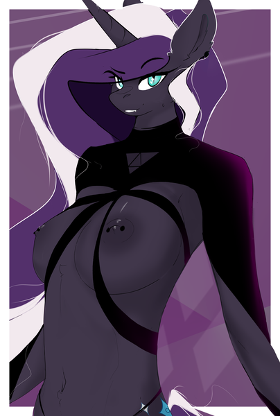 Size: 3364x5001 | Tagged: questionable, artist:therealf1rebird, derpibooru import, nightmare rarity, anthro, unicorn, breasts, clothes, horn, image, looking at you, nipple piercing, nipples, nudity, piercing, png, solo