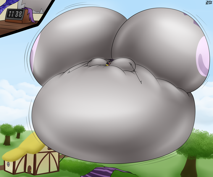 Size: 3600x3000 | Tagged: questionable, artist:the-furry-railfan, derpibooru import, oc, oc:magna-save, unofficial characters only, unicorn, belly, belly bed, big belly, blushing, broken window, butt, clock, clothes, cloud, cloudy, curtains, ear blush, huge belly, huge butt, image, impossibly large belly, impossibly large butt, inflation, large butt, p balloon, panties, pants, png, puffy cheeks, socks, squishy, tied down, tree, underwear, vest, window, yoga pants