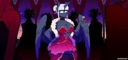 Size: 2021x951 | Tagged: suggestive, artist:redxbacon, derpibooru import, oc, unofficial characters only, alicorn, anthro, pegasus, big breasts, breasts, choker, cleavage, clothes, dress, feather boa, glass, hair bun, image, jpeg, silhouette, solo, wine glass, wings