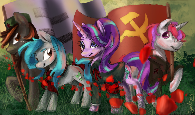 Size: 1238x733 | Tagged: safe, artist:elisdoominika, derpibooru import, starlight glimmer, oc, oc:fahu, oc:legion, oc:sweet elis, earth pony, pony, unicorn, bow, clothes, communism, communist party, communist pony, earth pony oc, equality, equality mark, flag, grass, hammer and sickle, image, looking at each other, png, raised hoof, ribbon, rose petals, shirt, smili, smiling, smiling at each other, socialism