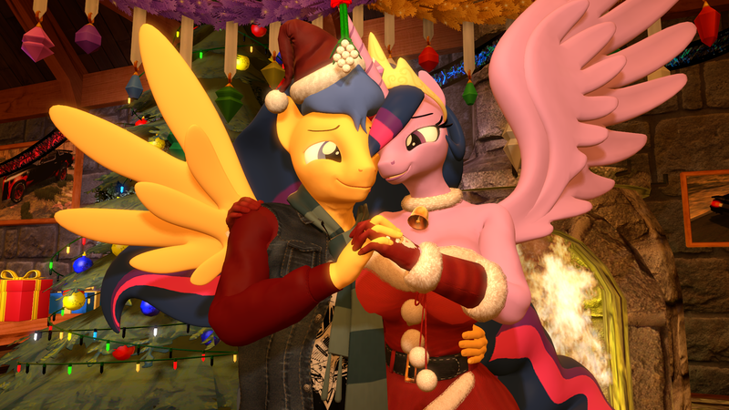 Size: 1920x1080 | Tagged: safe, artist:that1guy, derpibooru import, flash sentry, princess twilight 2.0, twilight sparkle, twilight sparkle (alicorn), alicorn, anthro, pegasus, the last problem, 3d, awww, christmas, christmas lights, christmas tree, clothes, cute, duo, embrace, female, flashlight, hat, holding hands, holiday, image, looking at each other, looking at someone, love, male, older, older twilight, png, romantic, santa hat, shipping, smiling, source filmmaker, straight, tree