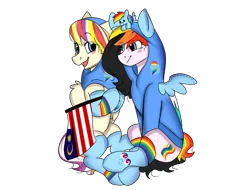 Size: 1580x1200 | Tagged: safe, artist:valkiria, derpibooru import, rainbow dash, oc, oc:qilala, oc:rainbow noir, unofficial characters only, pegasus, pony, derpibooru community collaboration, 2022 community collab, clothes, duo, female, flag, hijab, hoodie, hoof hold, image, islam, malaysia, mare, multicolored hair, national flag, open mouth, plushie, png, rainbow hair, raised hoof, simple background, sitting, smiling, socks, transparent background