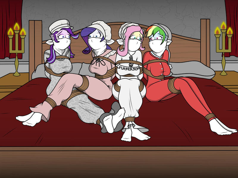 Size: 1280x960 | Tagged: questionable, artist:tennistrev5593, derpibooru import, fluttershy, rainbow dash, rarity, starlight glimmer, equestria girls, arm behind back, bed, bedroom, bondage, bonnet, bound, bound and gagged, breasts, candelabra, cloth gag, clothes, commission, curtains, damsel in distress, dashsub, feet together, female, females only, femsub, fetish, fluttersub, gag, group, image, jpeg, long johns, looking at each other, looking at someone, nightgown, nightstand, on bed, over the nose gag, pillow, rainbond dash, rarisub, rope, rope bondage, sitting on bed, sitting up, sleepover, slumber party, socks, stocking cap, sublight glimmer, submissive, tied, tied legs, tied up, wide eyes