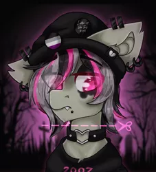 Size: 2000x2200 | Tagged: safe, artist:etoz, derpibooru import, oc, oc:gravel shine, unofficial characters only, bat pony, pony, asexual, asexual pride flag, bat pony oc, bat wings, choker, clothes, collar, commission, ear piercing, earring, emo, eyebrow piercing, eyebrows, eyebrows visible through hair, fangs, hat, image, jewelry, lip piercing, looking away, makeup, male, piercing, png, pride, pride flag, sad, snake bites, stallion, wingding eyes, wings