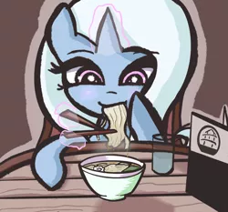 Size: 2240x2086 | Tagged: safe, artist:solid shrimp, artist:solidshrimp, derpibooru import, trixie, pony, unicorn, chopsticks, eating, eyelashes, female, food, glass, glass of water, glow, glowing horn, horn, image, magic, mare, noodles, png, ramen, solo, telekinesis, water