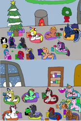 Size: 1312x1960 | Tagged: safe, artist:ask-luciavampire, derpibooru import, oc, alicorn, earth pony, pegasus, pony, undead, unicorn, vampire, vampony, christmas, christmas lights, christmas tree, coffee, holiday, image, png, present, snow, tree, tumblr