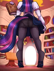 Size: 1600x2080 | Tagged: suggestive, artist:king-kakapo, derpibooru import, twilight sparkle, anthro, unguligrade anthro, ass, book, butt, clothes, door, female, golden oaks library, image, library, low angle, mary janes, panties, pantyhose, png, shirt, shoes, skirt, skirt lift, solo, solo female, twibutt, underwear, upskirt, vest, white underwear
